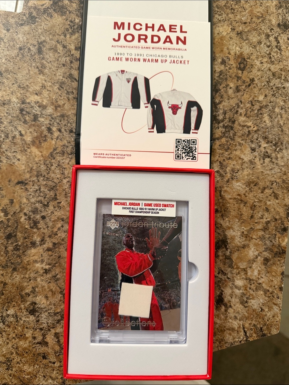 Michael Jordan Game-Worn Warm Up Jacket Swatch Card - Red/Black/White